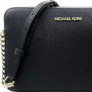 Michael Kors Jetset Crossbody in Black Pebbled Leather with Gold Chain